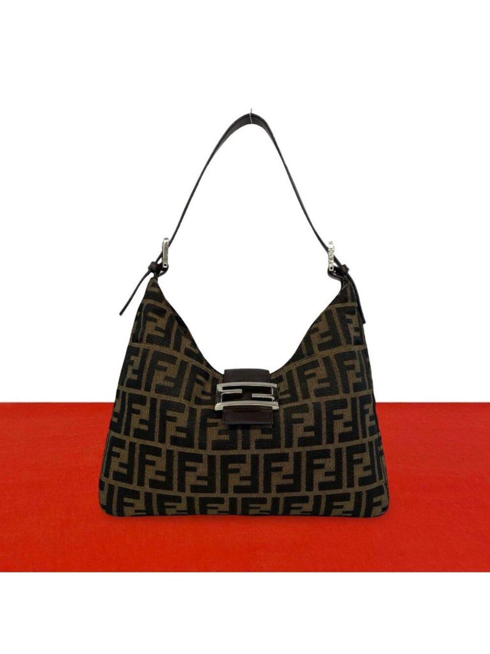 Fendi Vintage Zucca FF Logo Pattern Canvas Leather Shoulder Bag Brown